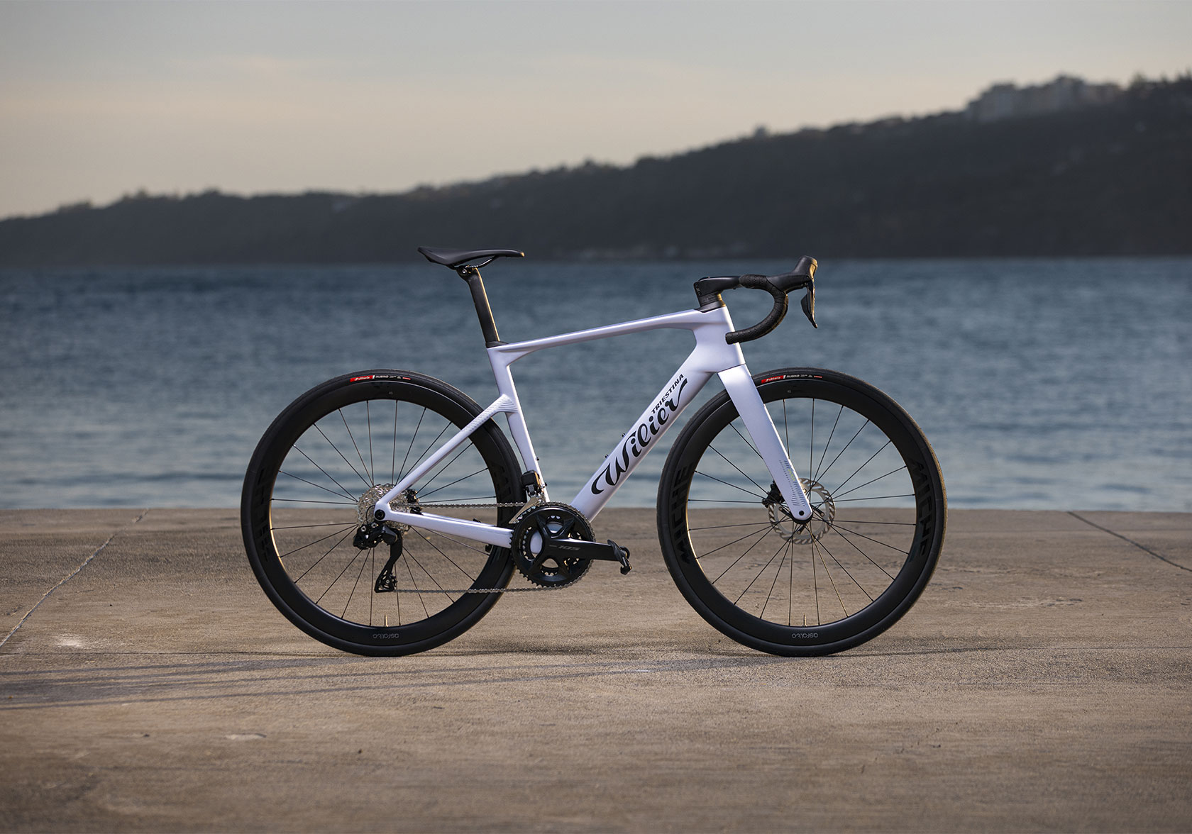 A cyclist riding a Wilier Rapida on the road